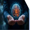 hand holding hologram of a brain