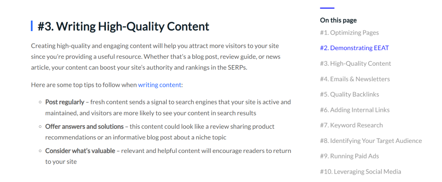 A paragraph with the title "writing high-quality content" with paragraphs and bullet points underneath