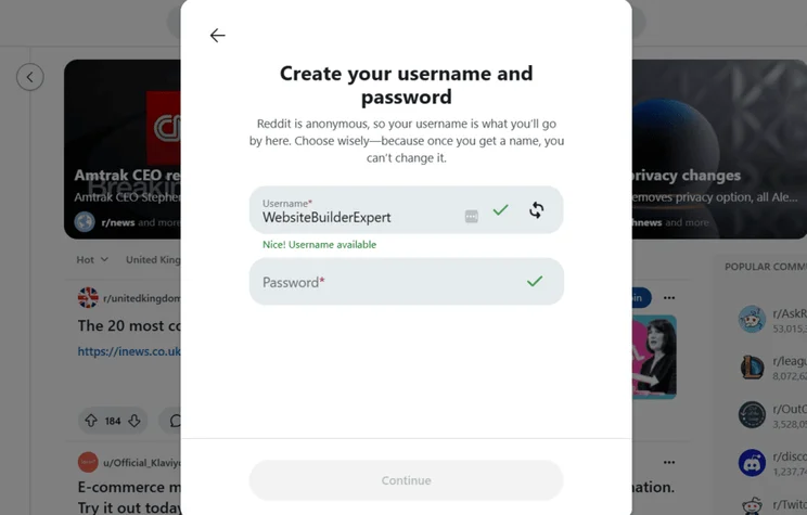 Reddit signup box pop up asking for a username and password