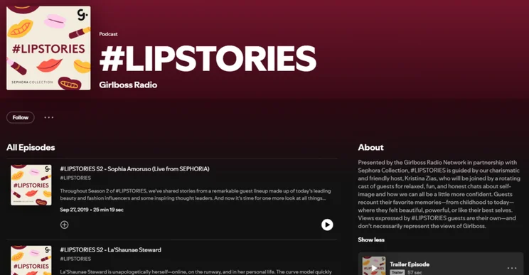 Sephora Lipstories podcast overview on Spotify