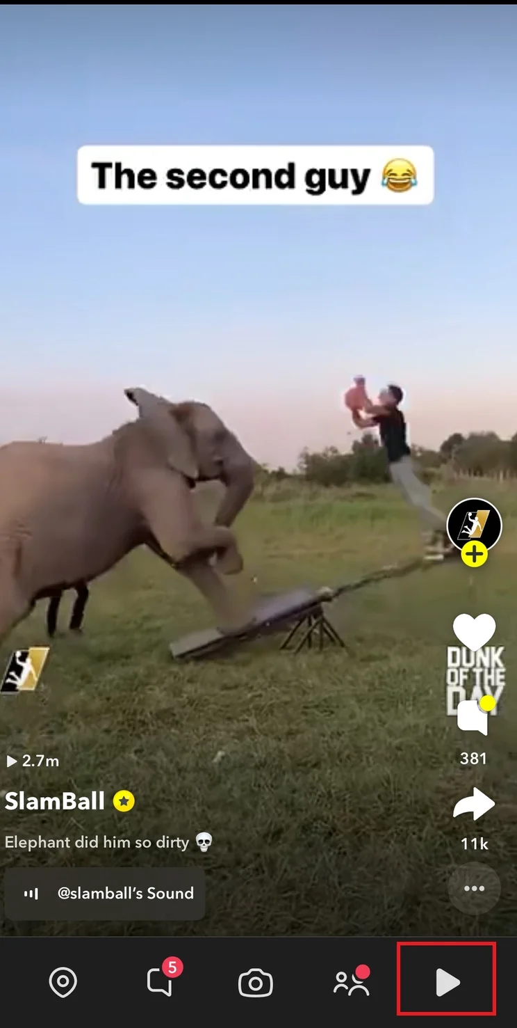 snapchat spotlight video of an elephant bouncing a man off a see saw