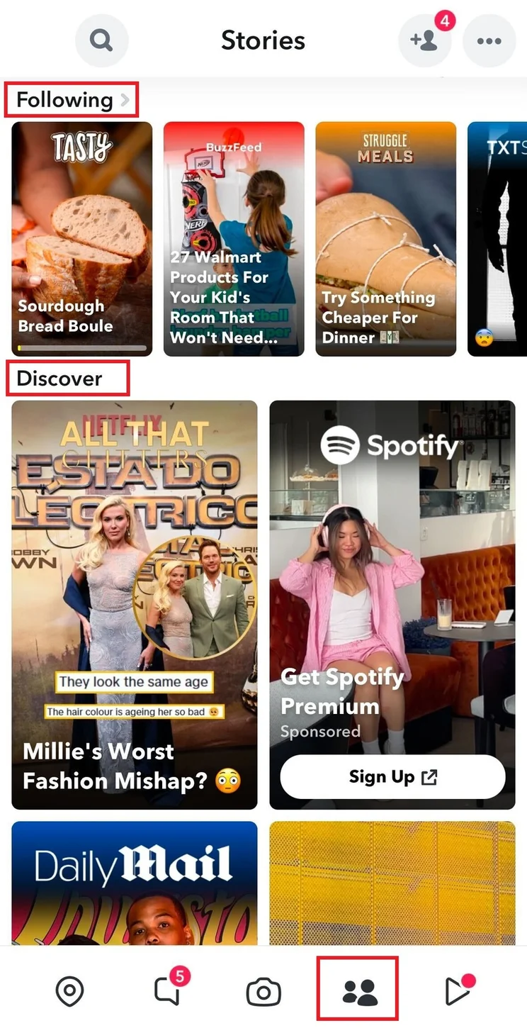 Snapchat Stories Tab showing stories in the following and discover categories