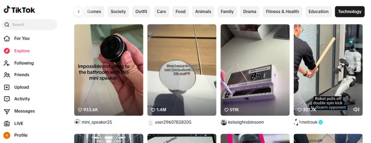 The TikTok "Explore feed" showcasing trending TikToks in the technology category