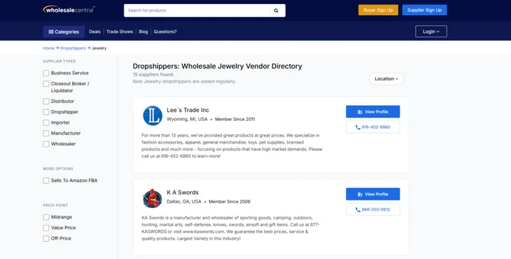 wholesale central dropshipper jewelry page that shows the top suppliers in each category, with an overview and contact number