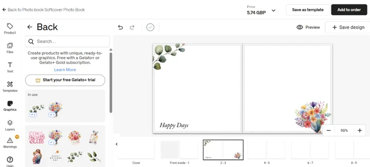 Gelato editor for customizing a photobook