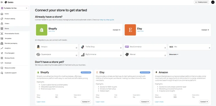 Gelato "Stores" tab dashboard showing integrations with Shopify and Etsy