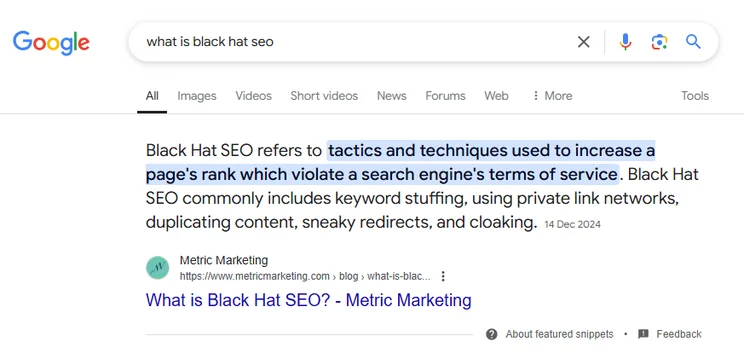 Featured snippet in Google about black hat SEO