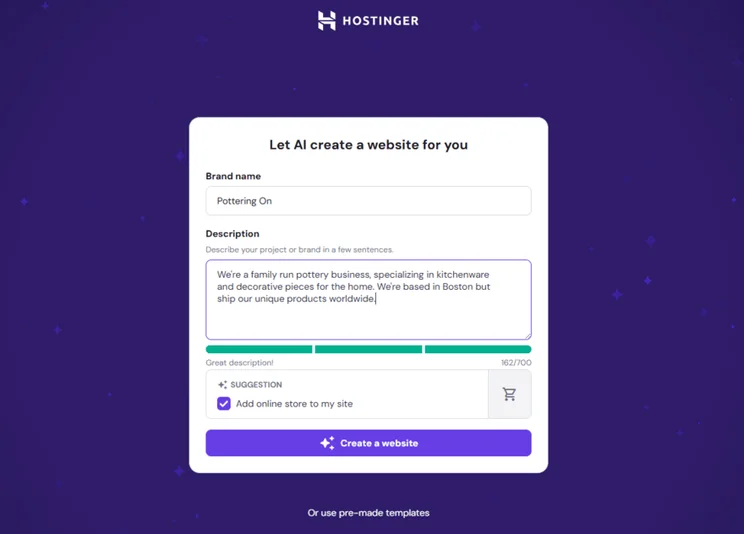 Hostinger's AI builder prompt form