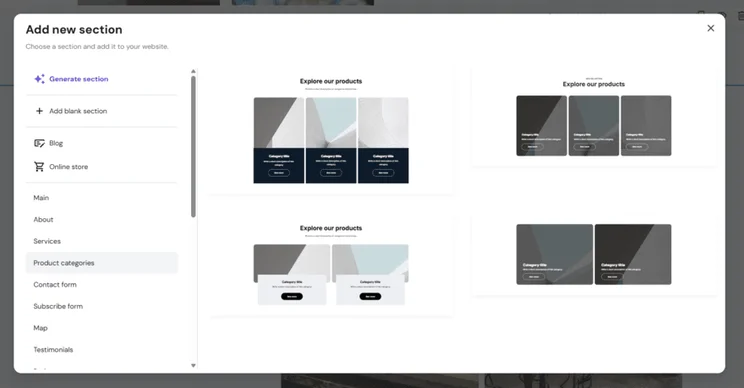 Hostinger's section library for its website builder, showing a range of product section options