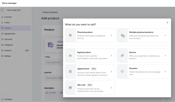 Product options when adding a new product in Hostinger