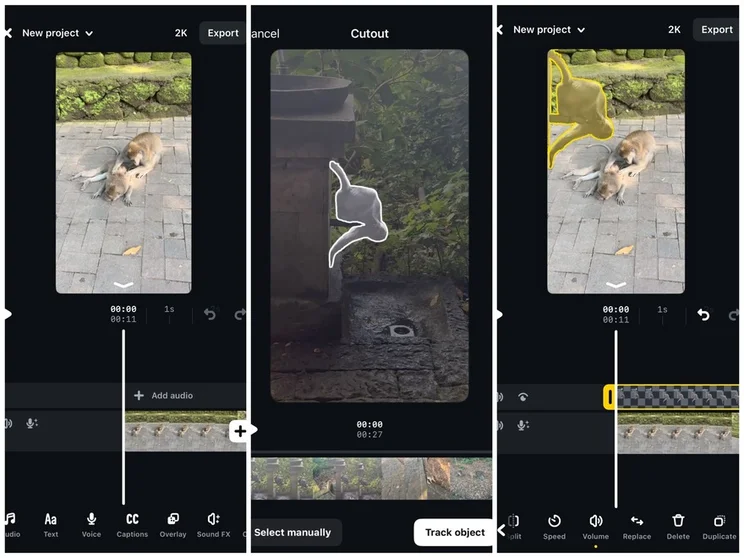 three screenshots showing the process of using Edits' cutout tool to impose one video of a monkey on top of another