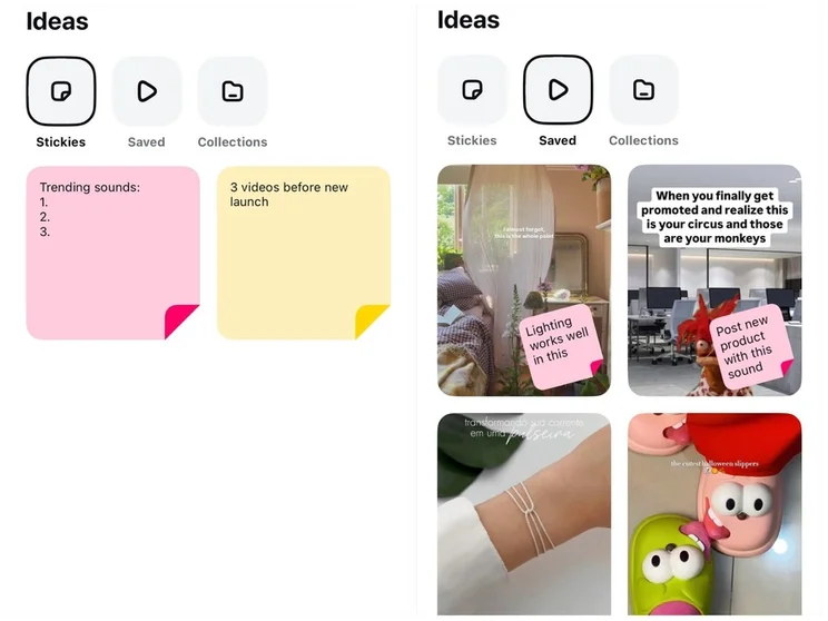 two screenshots of the ideas tab, demonstrating how stickies appear alone and attached to Reels