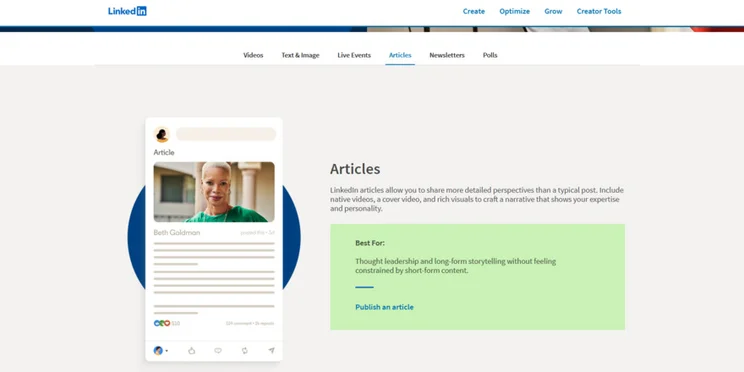 LinkedIn's concise explanation of what articles are and what posts they're best for
