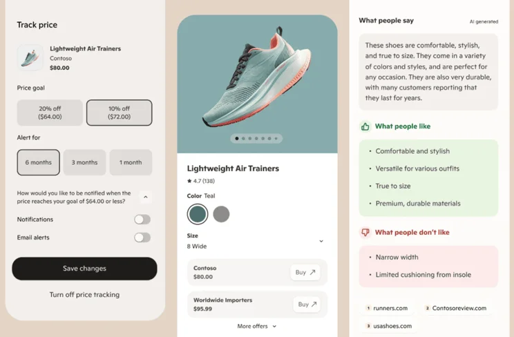 Examples of products displayed by Microsoft Copilot