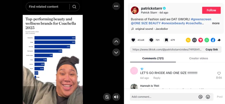 A TikTok video with an influencer happily dancing in front of a bar chart