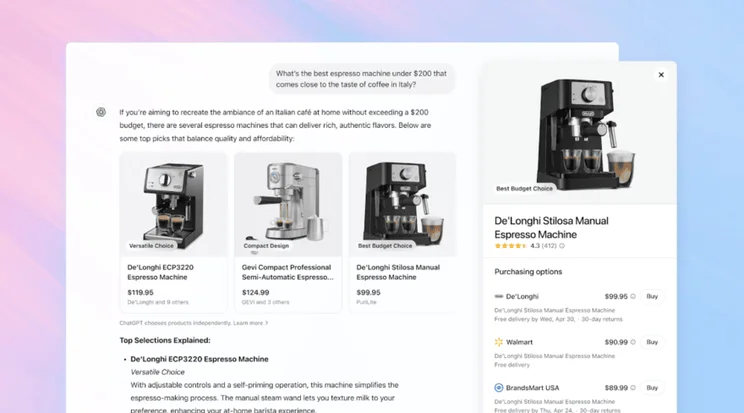 OpenAI ChatGPT shopping features, showing a conversation and product information for coffee machines