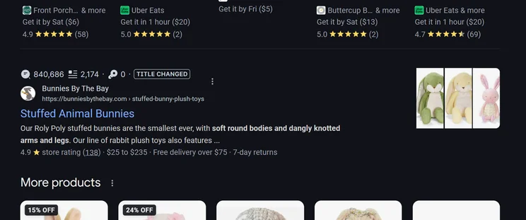 Screenshot of a store's website meta title displayed within Google search results page.