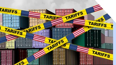 Cargo containers with yellow tape across the image showing the word "Tariffs" and the US flag