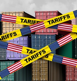 Cargo containers with yellow tape across the image showing the word