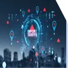 blue and red graphic that says "import tariffs" overlayed on top of a blurry image of skyline