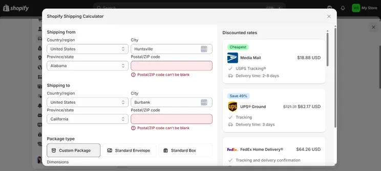 Shopify Dashboard showcasing where users can calculate shipping rates