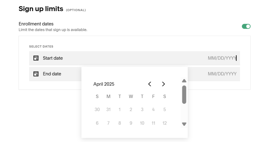 Squarespace Members Enrollment Dates A section of Squarespace's dashboard allowing user to set enrollment dates for site members