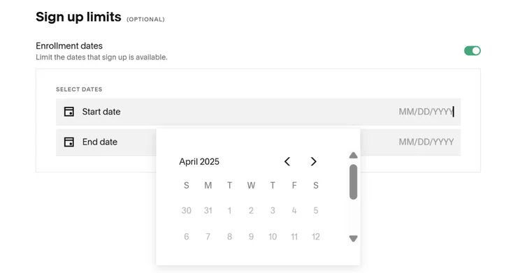 A section of Squarespace's dashboard allowing user to set enrollment dates for site members