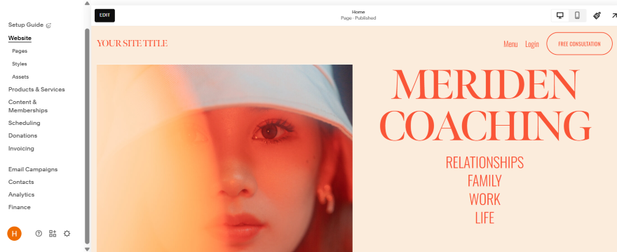 Squarespace Meriden Coaching Membership Template A polished Squarespace membership template with a hero photo, heading and page tabs