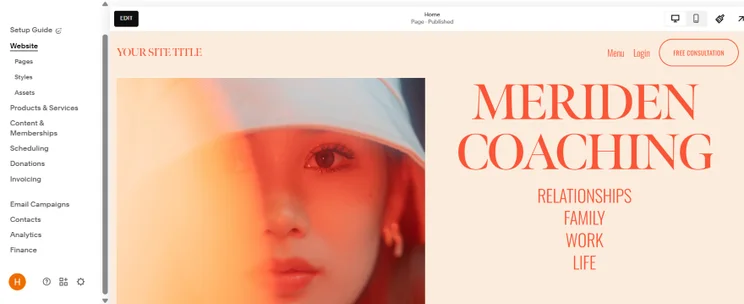 A polished Squarespace membership template with a hero photo, heading and page tabs