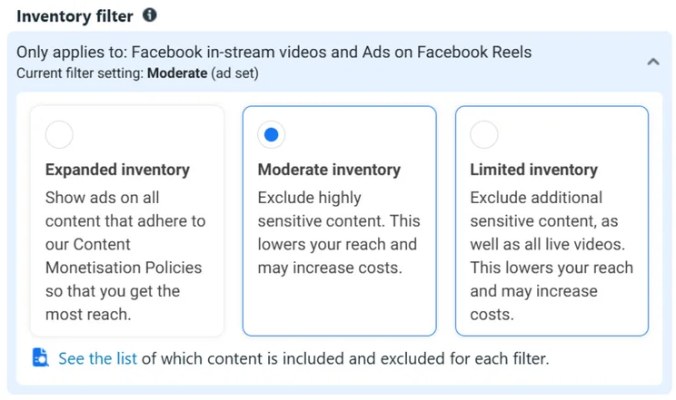 three tick boxes in Meta ads manager showing the types of inventory filter and a short description