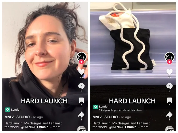 TikTok video showing woman's face and a handbag with text "hard launch"