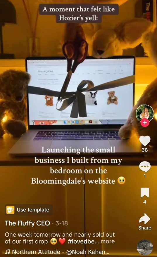 laptop surrounded by plushies with a ribbon being cut from the screen