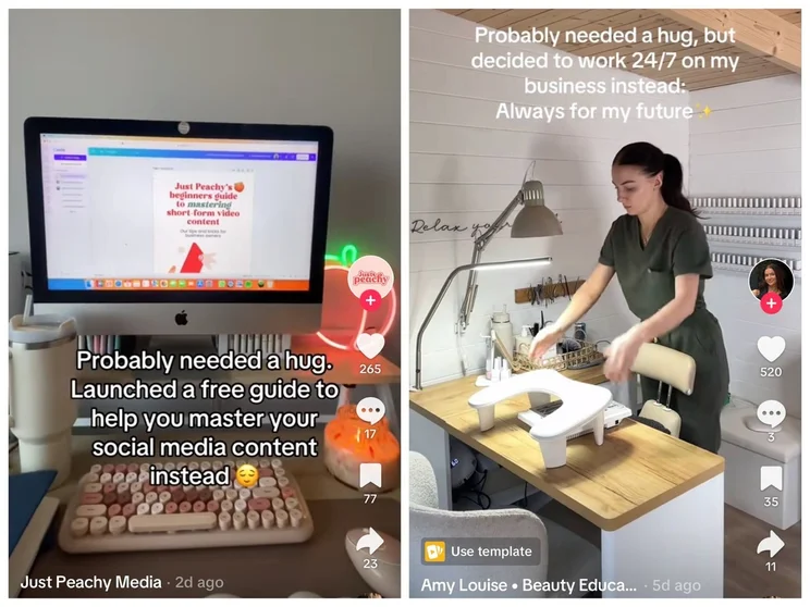 two slides of i probably needed a hug trend showing a desktop computer and a woman stood at a nail bar