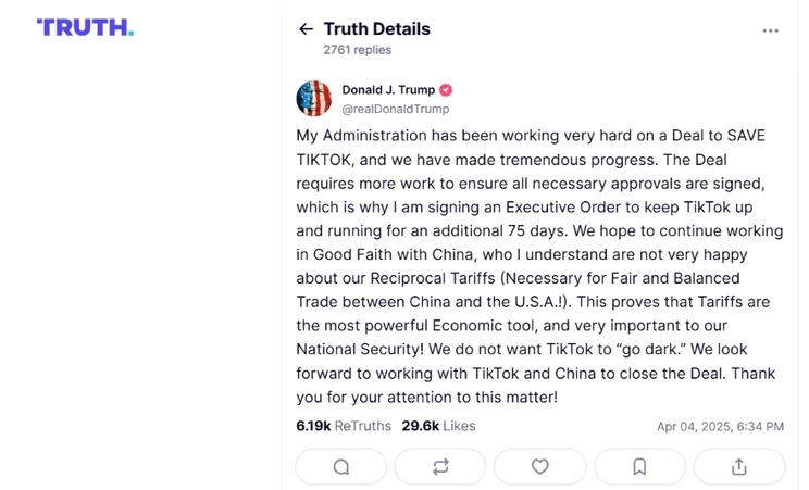 A post on Truth Social from Trump talking about the TikTok ban extension.