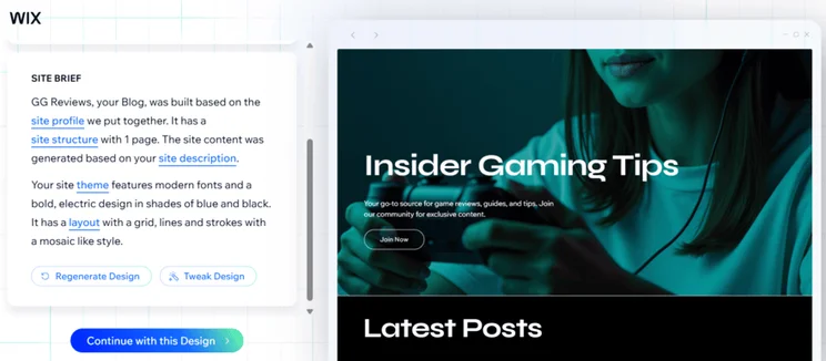 AI site brief on Wix for generating a personalized template with a preview to the right showing a gaming review site template