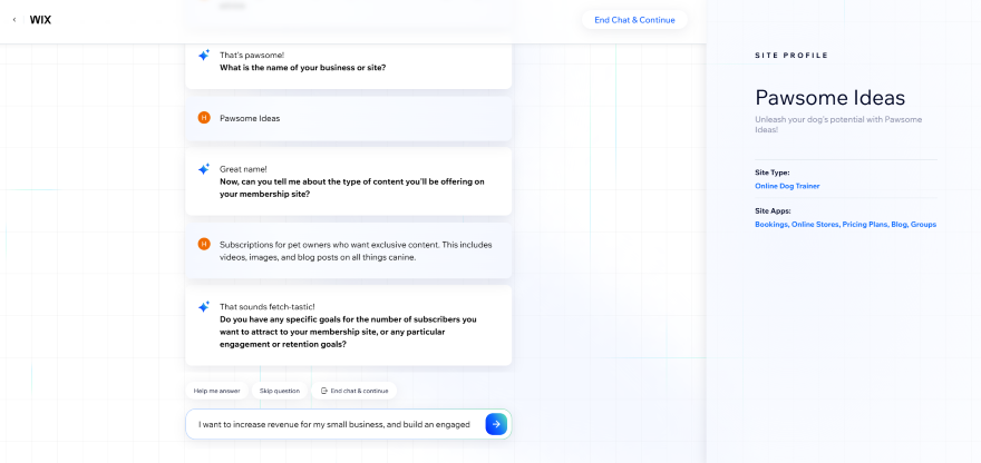 Wix Membership Site AI Chatbot Setup A chat with Wix's AI chatbot featuring responses to website related questions