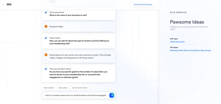 A chat with Wix's AI chatbot featuring responses to website related questions