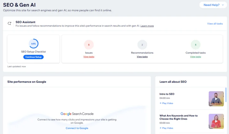 Wix's SEO dashboard