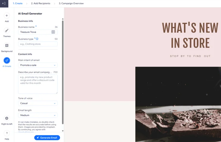 AI email generator tool in Wix's email marketing editor