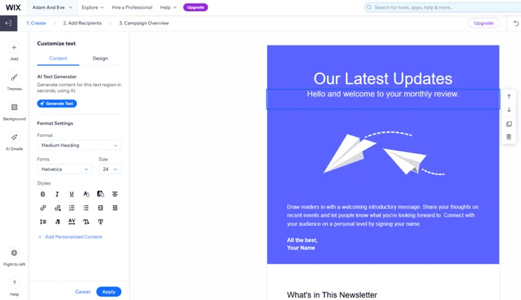Wix's newsletter editor to share latest business updates