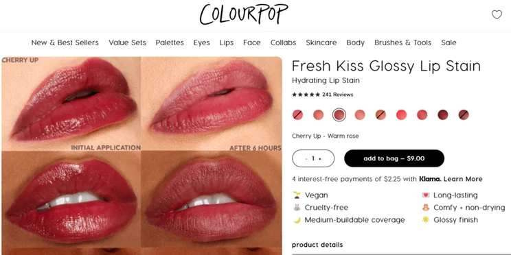 Colourpop lip stain product page