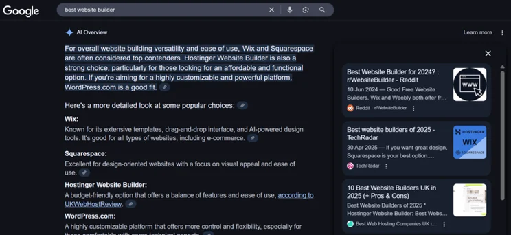 Best Website Builder AI Overview result in Google