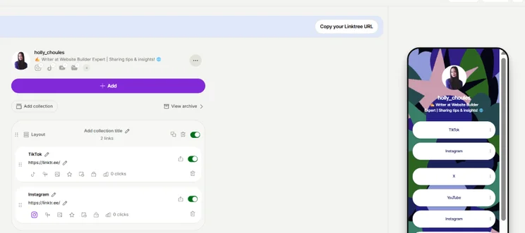 Screenshot of the Linktree dashboard with link-in-bio button to copy URL