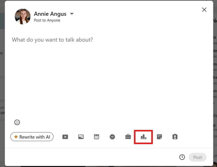 Black draft linkedin post with a red square highlighting the poll icon