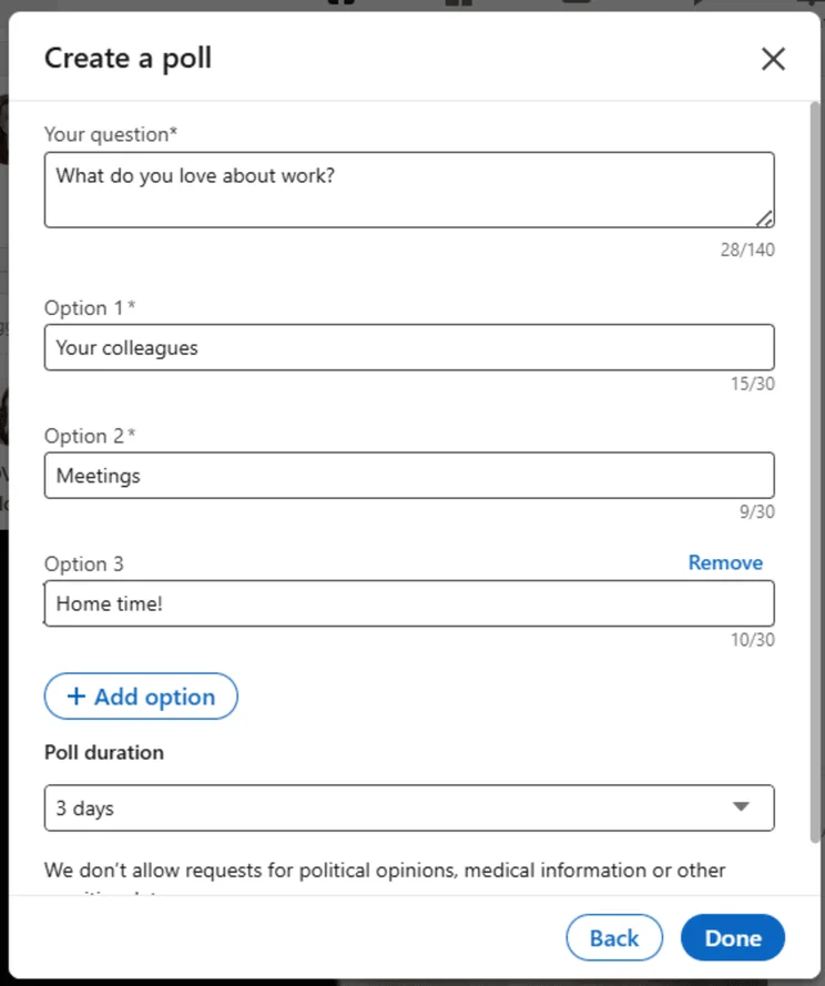 poll creation page on linkedin, showing a text box to input the question and three answers