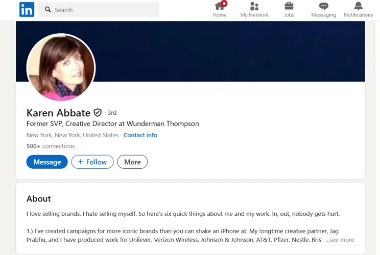 Screenshot of a LinkedIn profile with the About section filled in