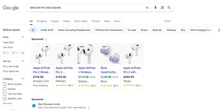 Screenshot of a search query for "the best airpods to buy" with search result links and photos to products