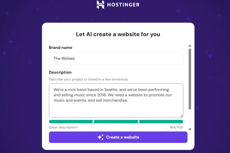 Hostinger's AI builder prompt