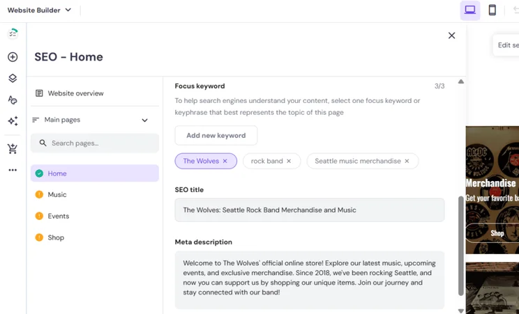Hostinger's SEO page settings