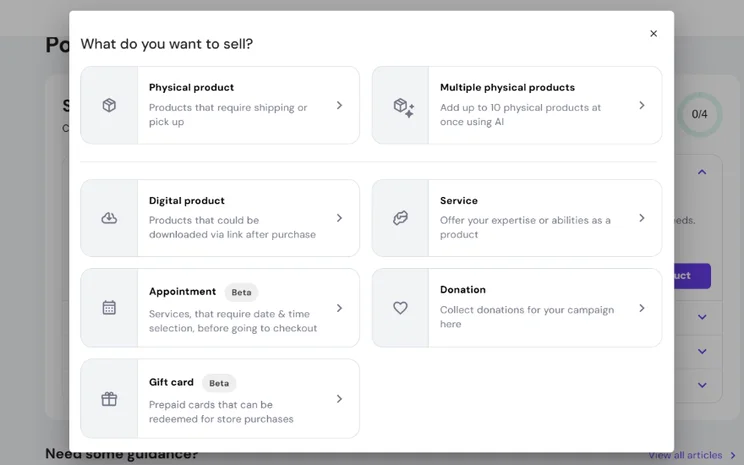 Hostinger product options when adding a new product